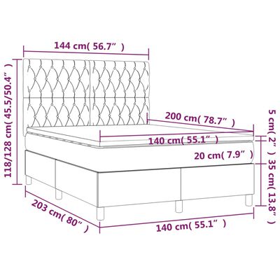 vidaXL Pat box spring cu saltea, gri închis, 140x200 cm, textil