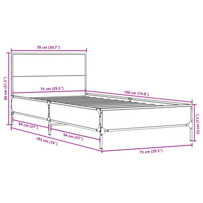 vidaXL Cadru de pat, gri sonoma, 75x190 cm, lemn prelucrat și metal