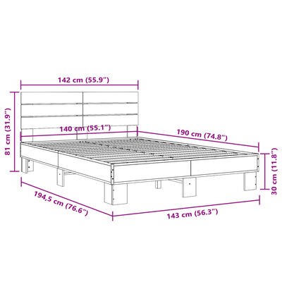 vidaXL Cadru de pat, stejar sonoma, 140x190cm, lemn prelucrat și metal