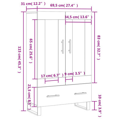 vidaXL Dulap înalt, gri beton, 69,5x31x115 cm, lemn prelucrat