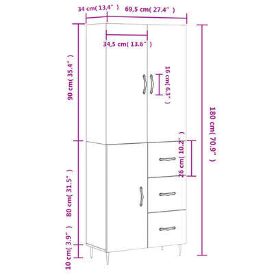 vidaXL Dulap înalt, alb extralucios, 69,5x34x180 cm, lemn compozit