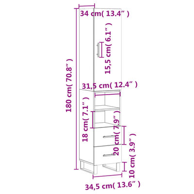 vidaXL Dulap înalt, alb extralucios, 34,5x34x180 cm, lemn prelucrat