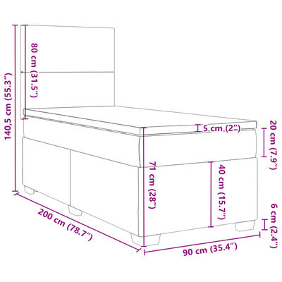 vidaXL Pat box spring cu saltea, gri deschis, 90x200 cm, catifea