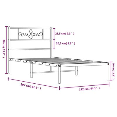 vidaXL Cadru de pat din metal cu tăblie, alb, 107x203 cm