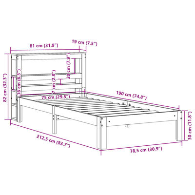 vidaXL Cadru de pat cu tăblie, alb, 75x190 cm, lemn masiv de pin