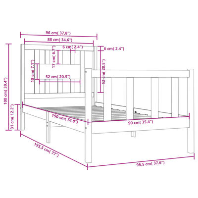 vidaXL Cadru de pat single, negru, 90x190 cm, lemn masiv