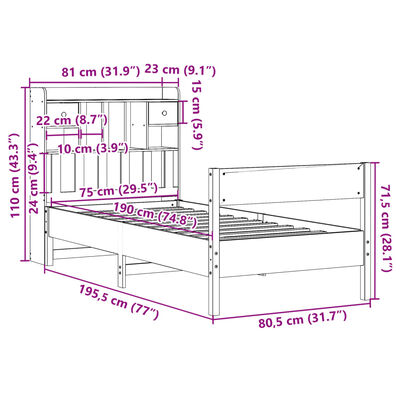 vidaXL Pat bibliotecă fără saltea maro ceruit 75x190 cm lemn masiv pin