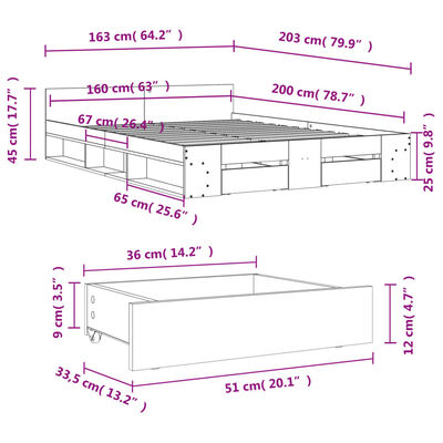 vidaXL Cadru de pat cu sertare, alb, 160x200 cm, lemn prelucrat