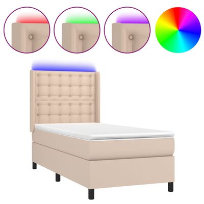 vidaXL Pat cu arcuri, cu saltea și LED, cappuccino 90x200 cm piele eco