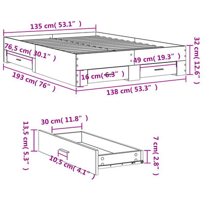 vidaXL Cadru de pat cu sertare, negru, 135x190 cm, lemn prelucrat