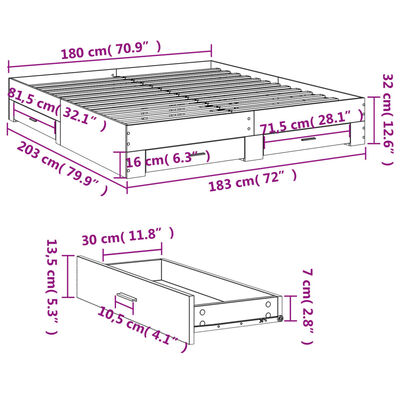 vidaXL Cadru de pat cu sertare stejar fumuriu 180x200cm lemn prelucrat