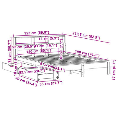 vidaXL Pat cu bibliotecă fără saltea, 140x190 cm, lemn masiv de pin