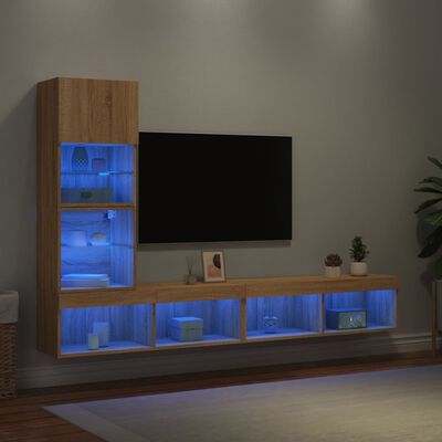 vidaXL Unități de perete TV cu LED-uri, 4 piese, stejar sonoma, lemn