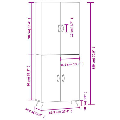 vidaXL Dulap înalt, gri beton, 69,5x34x180, lemn compozit