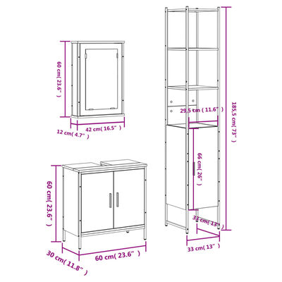 vidaXL Set mobilier de baie, 3 piese, gri sonoma, lemn prelucrat