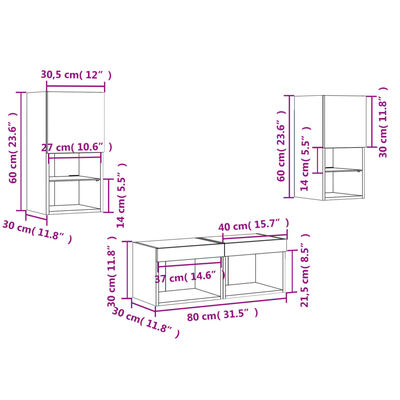 vidaXL Comode TV de perete cu lumini LED, 4 piese, stejar maro