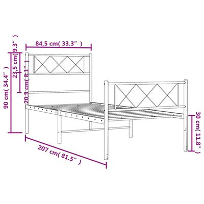 vidaXL Cadru de pat metalic cu tăblie de cap/picioare, alb, 80x200 cm