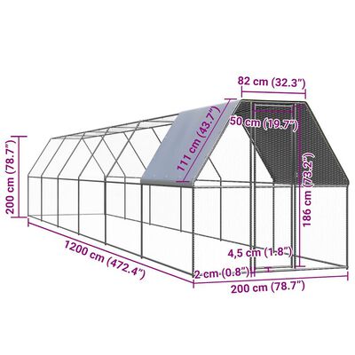 vidaXL Coteț de păsări, 2x12x2 m, oțel galvanizat