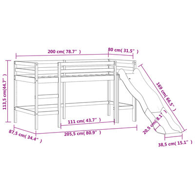 vidaXL Pat etajat de copii cu tunel roz 80x200 cm lemn masiv pin