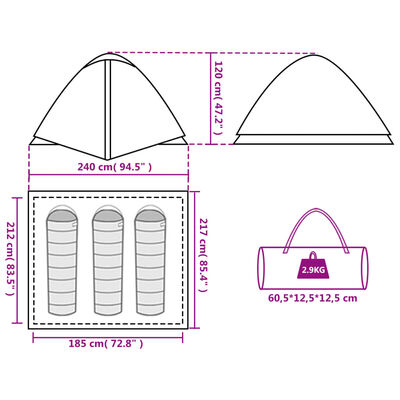 vidaXL Cort de camping cupolă pentru 3 persoane, albastru, impermeabil