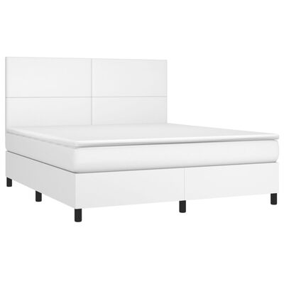 vidaXL Pat box spring cu saltea, alb, 180x200 cm, piele ecologică