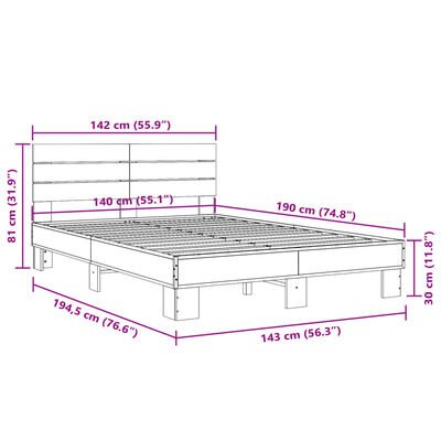 vidaXL Cadru de pat, gri sonoma, 140x190 cm, lemn prelucrat și metal