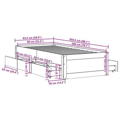 vidaXL Cadru pat fără saltea/cu sertare, alb, 90x200cm, lemn masiv pin