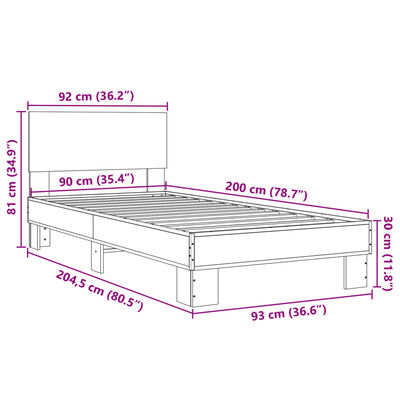 vidaXL Cadru de pat, stejar sonoma, 90x200 cm, lemn prelucrat și metal