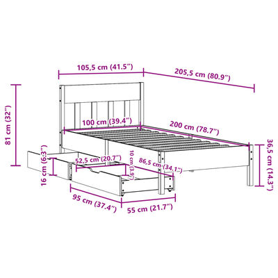 vidaXL Cadru pat fără saltea, alb, 100x200 cm, lemn masiv pin