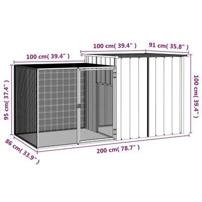 vidaXL Coteț pentru păsări, gri, 200x91x100 cm, oțel galvanizat