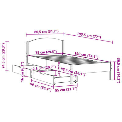 vidaXL Cadru de pat fără saltea, 75x190 cm, lemn masiv de pin