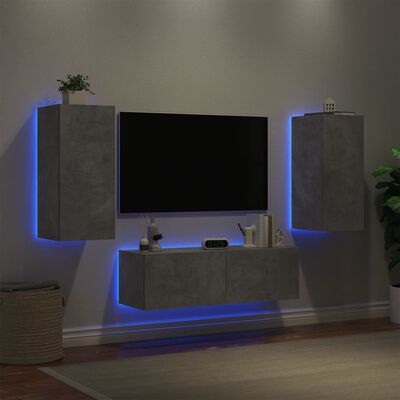 vidaXL Comode TV de perete cu lumini LED, 3 piese, gri beton