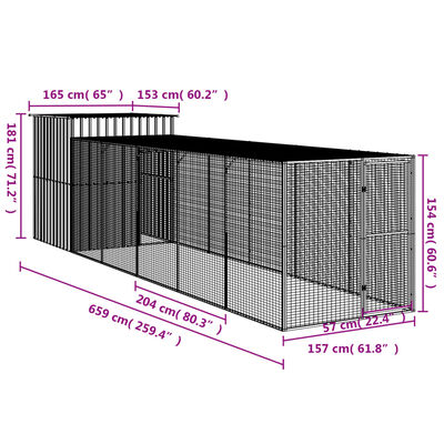 vidaXL Coteț pui cu incintă gri deschis 165x659x181 cm oțel galvanizat