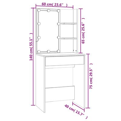 vidaXL Masă de toaletă cu LED, alb, 60x40x140 cm