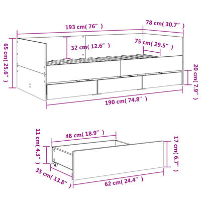 vidaXL Pat de zi cu sertare fără saltea, stejar maro, 75x190 cm