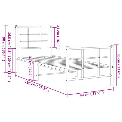 vidaXL Cadru pat metalic cu tăblii de cap/picioare, negru, 75x190 cm