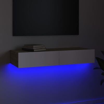 vidaXL Comodă TV cu lumini LED, alb/stejar sonoma, 90x35x15,5 cm