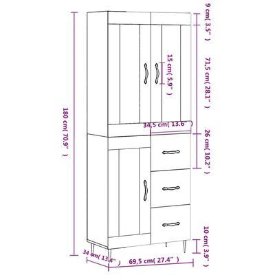 vidaXL Dulap înalt, alb, 69,5x34x180 cm, lemn compozit