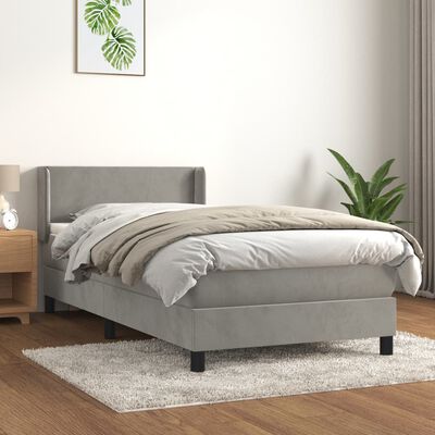 vidaXL Pat box spring cu saltea, gri deschis, 90x200 cm, catifea