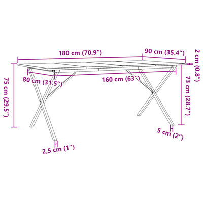 vidaXL Masă de bucătărie, cadru X, 180x90x75cm lemn masiv pin și fontă