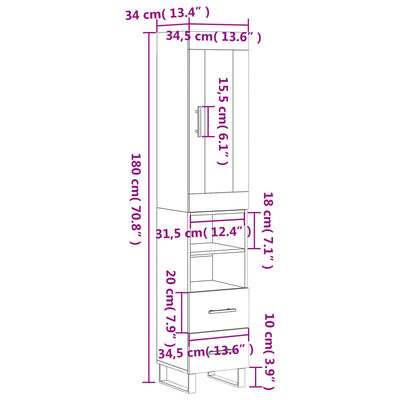 vidaXL Dulap înalt, stejar fumuriu, 34,5x34x180 cm, lemn prelucrat