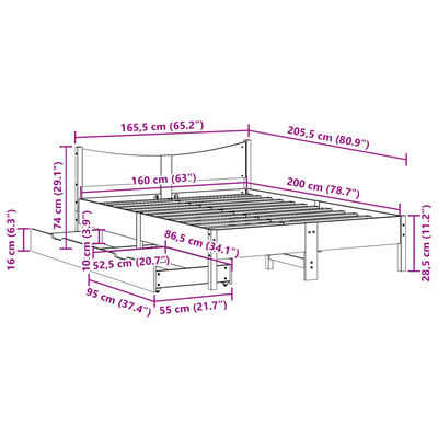 vidaXL Cadru de pat cu sertare, alb, 160x200 cm, lemn masiv pin