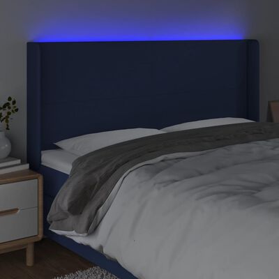 vidaXL Tăblie de pat cu LED, albastru, 183x16x118/128 cm, textil