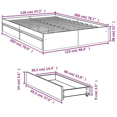 vidaXL Cadru de pat cu sertare gri sonoma 120x200 cm lemn prelucrat