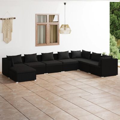 vidaXL Set mobilier de grădină cu perne, 8 piese, negru, poliratan