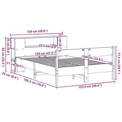 vidaXL Pat cu bibliotecă fără saltea, alb, 120x190 cm, lemn masiv pin