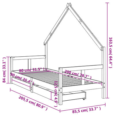 vidaXL Cadru pat copii cu sertare, negru, 80x200 cm, lemn masiv de pin