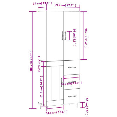 vidaXL Dulap înalt, alb extralucios, 69,5x34x180 cm, lemn compozit