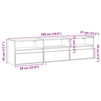 vidaXL Comodă TV de perete cu lumini LED, gri sonoma, 180x31x45 cm