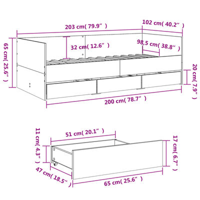 vidaXL Pat de zi cu sertare fără saltea, gri sonoma, 100x200 cm